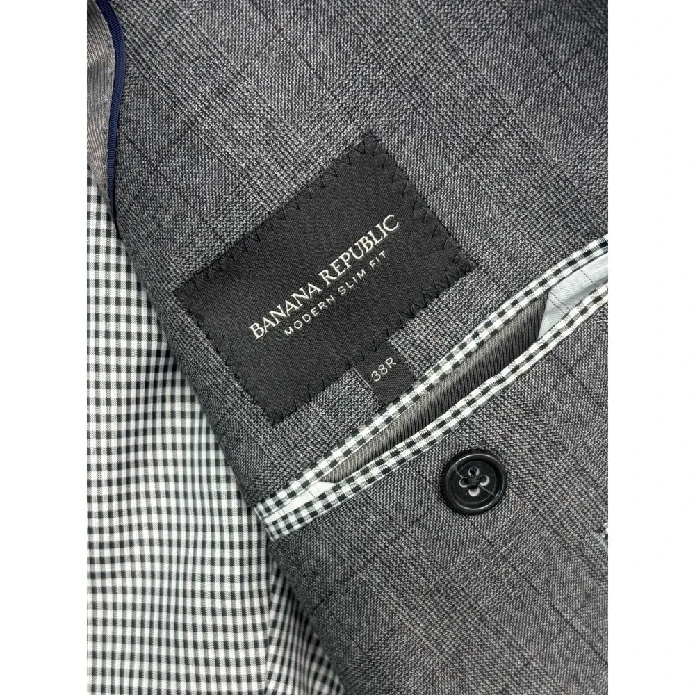 Banana Republic 38R 31x29 Gray Burgundy Plaid 2pc Pant Suit Flat Front Slim Fit